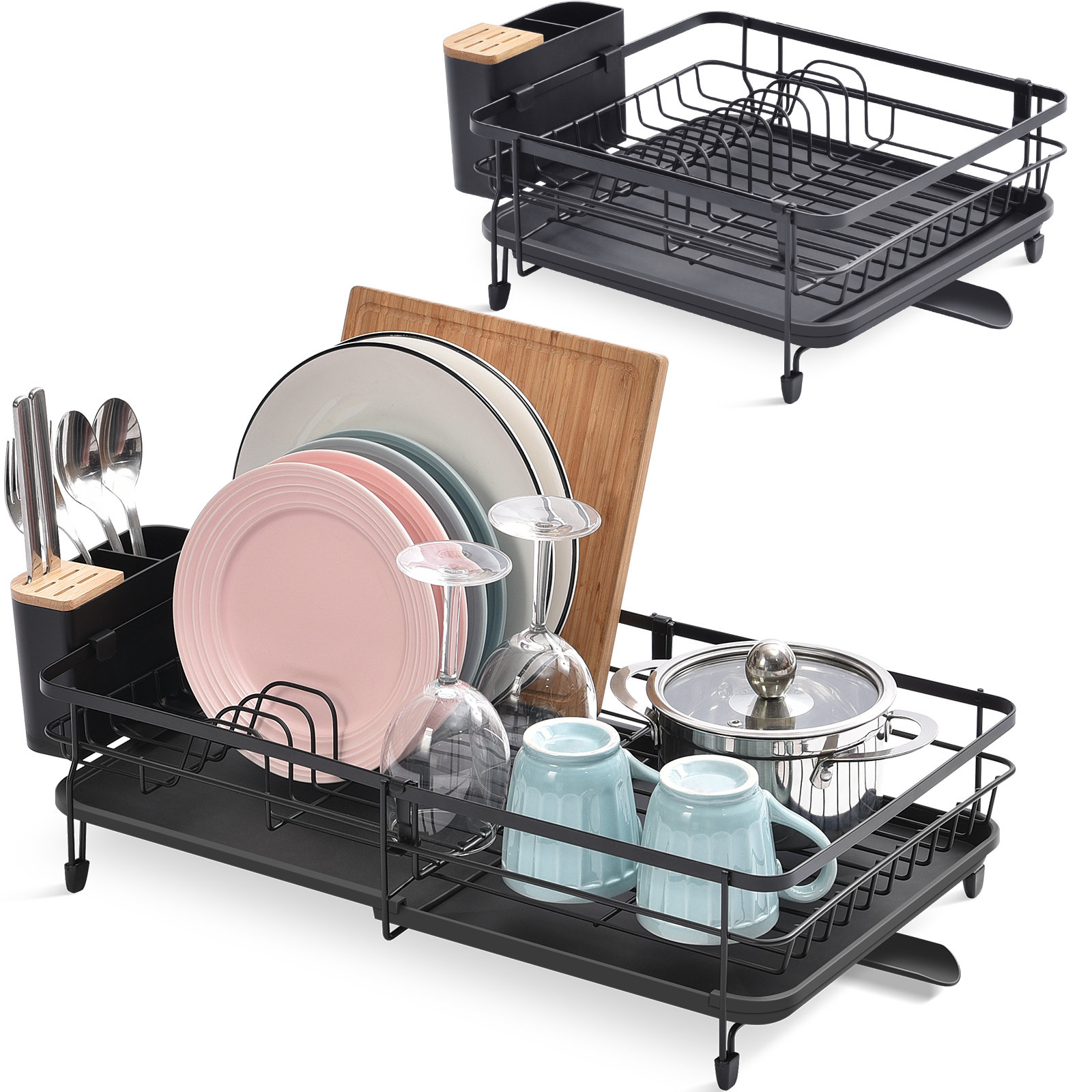 KitchenAid Large Capacity,Full Size, Rust Resistan Dish Rack with Self  Draining Angled Drain Board and Removable Flatware Caddy, Light Grey, Gray