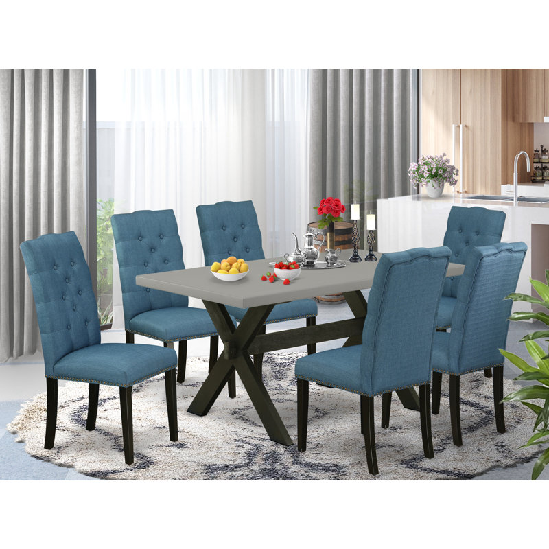 Ensemble de table de salle à manger 7 pièces composé d'une table de salle à manger rectangulaire avec pieds en X et 6 chaises Parson rembourrées en tissu bleu, noir brossé