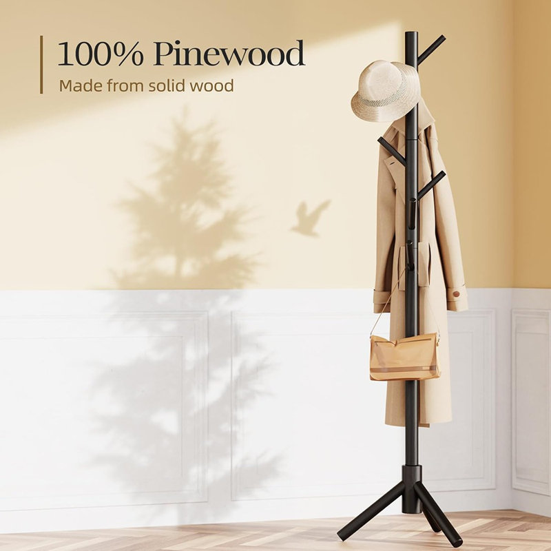 Sturdy Wooden Coat Stand, 3 Adjustable Sizes Coat Tree With 8 Hooks, Coat Stands For Hallway Entryway, Hat Stand For Clothes, Used In Bedroom/office/hallway/entryway, Black