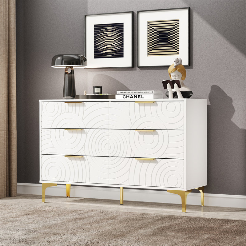 Commode moderne à 6 tiroirs pour chambre à coucher, commode large avec pieds et poignées en métal doré, rangement pour rangement - blanc