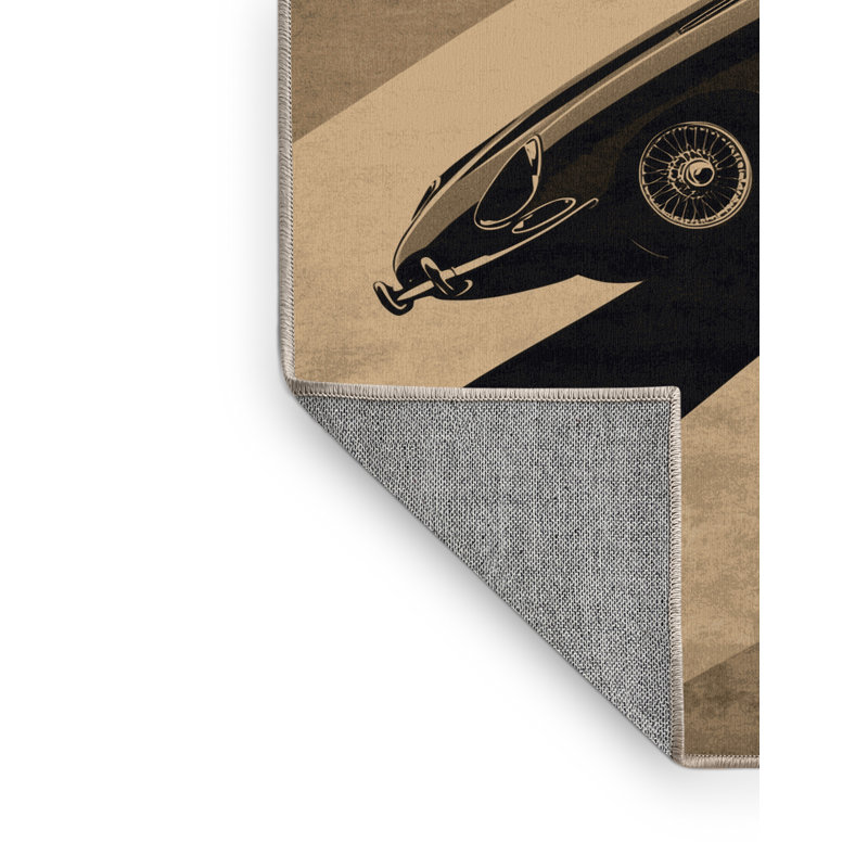 Machine Washable Vehicles And Transportation Classic Luxury Car Posh & Luxe Rug in Brown – Beige Binding, 5x7