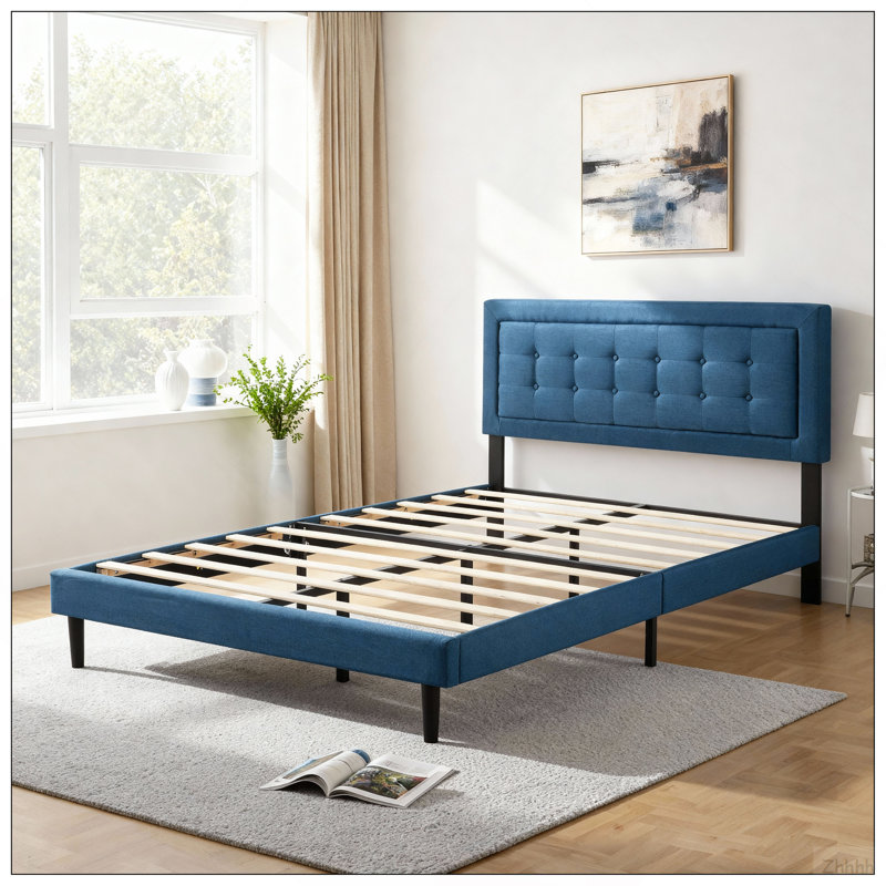 Grand lit plateforme tapissier, cadre de chambre à coucher facile à assembler, bleu foncé, Bleu très foncé