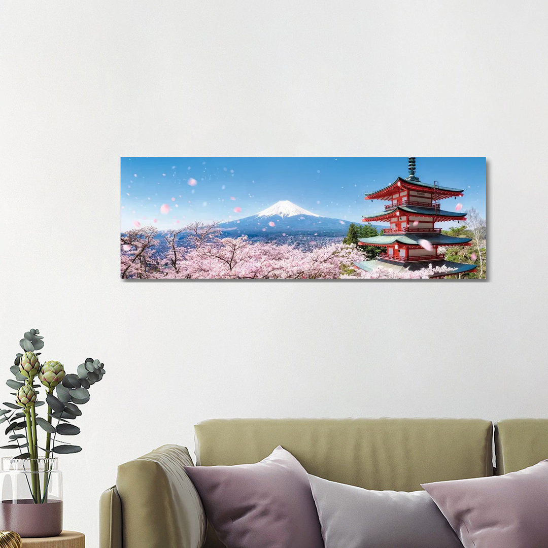 Chureito Pagoda And Mount Fuji During Cherry Blossom Season by Jan Becke - Wrapped Canvas Panoramic Print