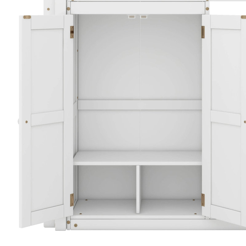 Lit mezzanine double avec garde-robe, tablettes et éclairage à DEL, Blanc