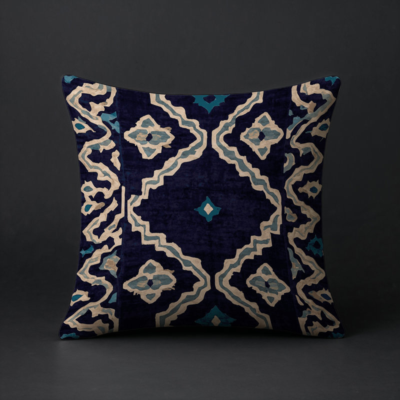 Coussin décoratif intérieur / extérieur gris Modern Modern, Carré 16 po, Noir / beige / bleu géométrique