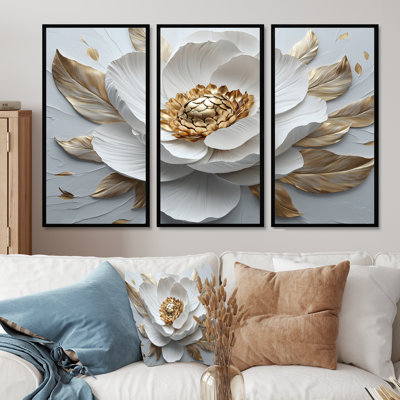 Pivoine blanche et dorée - ensemble d'art mural pivoine