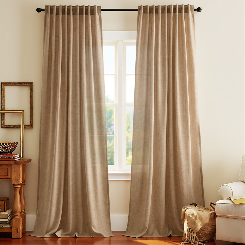 Linen blend Semi Sheer Curtains Rod Pocket Back Tab solid color Drapes（set of 2）, Caramel, 52" W x 63" L