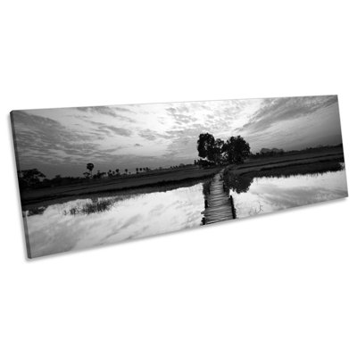 Sunset Lake Jetty Pier - Wrapped Canvas Panoramic Print