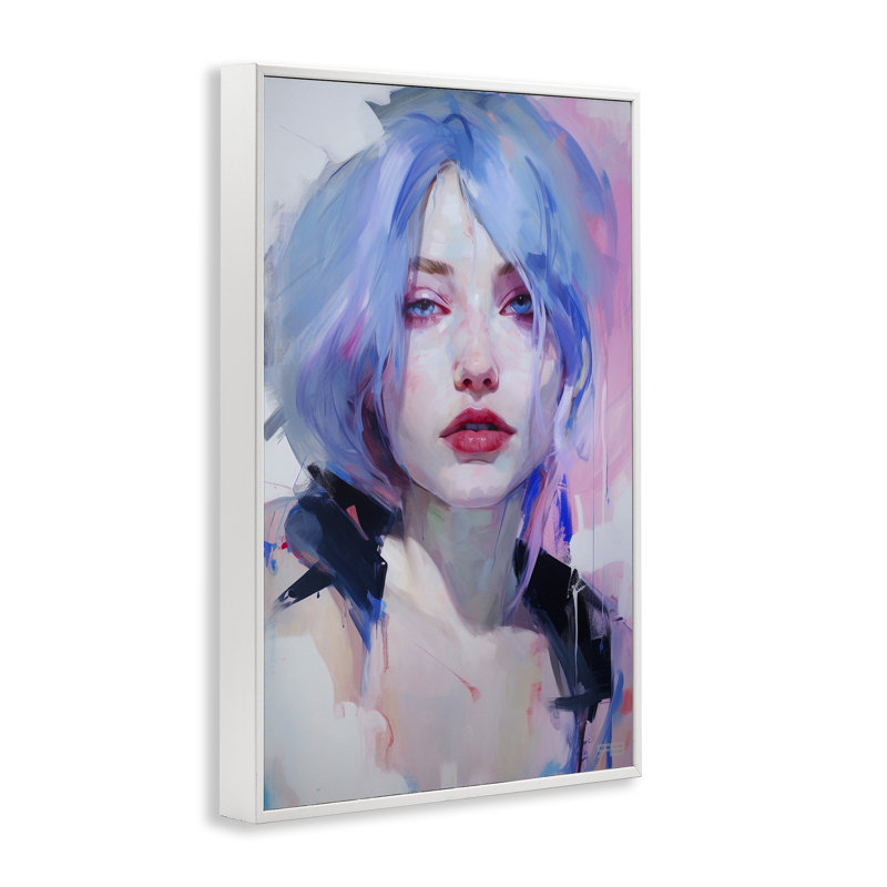 Visage de femme aux cheveux bleus, estampe numérique encadrée par Roozbeh Bahramali, H 30 po x l 20 po