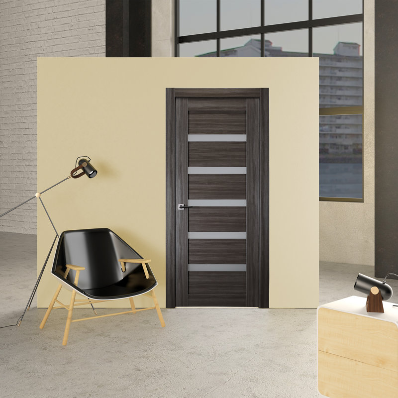 Porte en bois manufacturé et verre Leora, 35,875 po x 83,23 po, Chêne gris, Oui
