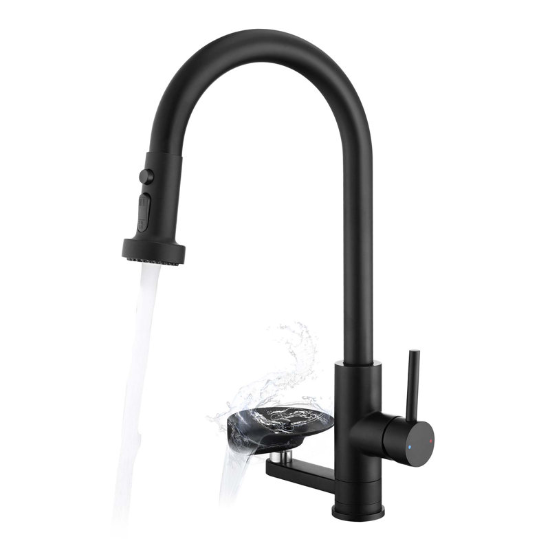 Robinet de cuisine moderne 3-en-1 à grande arche rétractable avec mode de jet 3 fonctions et rinçage à pression, Noir mat