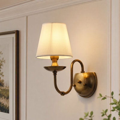 Vintage 1-Light Hardwired Wall Sconce with Fabric Shade in Polished Brass