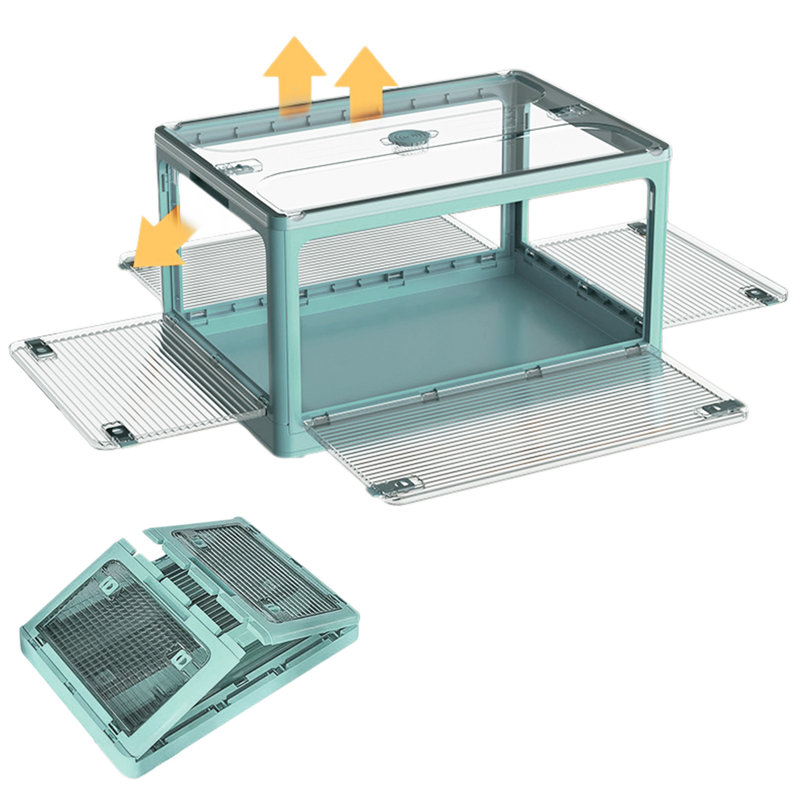 Medium Collapsible Storage Box Bin, 5 Side Clear Open Access Stackable w/ Lid, Wheels, Blue, 9.44" H x 18.7" W x 13.97" D