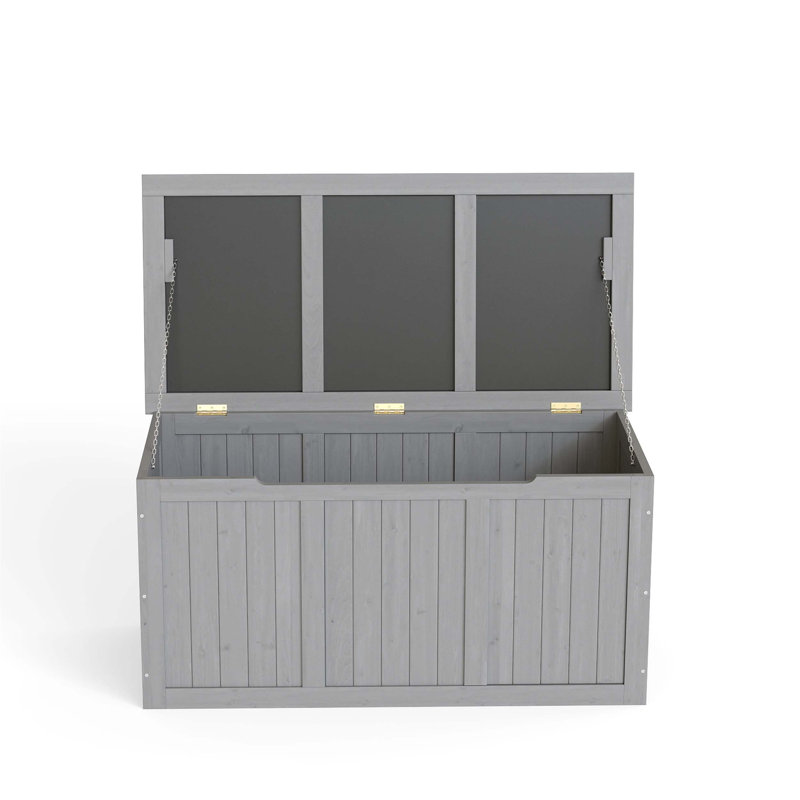Outdoor Wooden Deck Box with Solid Wood Construction, Dual-Purpose Seat and Table Top for Storing Patio Furniture Cushions, Pool Toys and Garden Tools