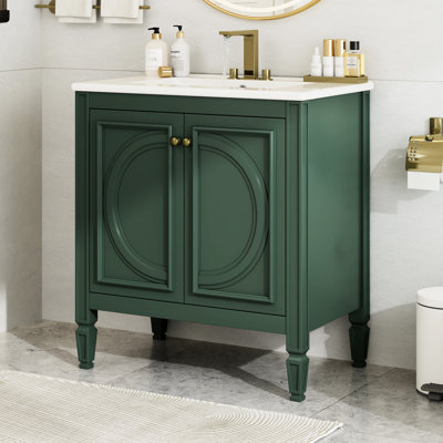 Meuble-lavabo de 30 po avec lavabo, armoires de style rétro. Réel, lavabo en céramique et trous de tiroir, tiroir fonctionnel. Noir, pour