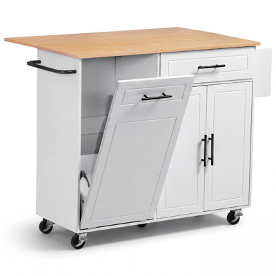 Kitchen Island Cart with Storage, 46.06 in Wide Mobile Rolling Storage Island on Swivel Wheels, with Drawer, Storage Cabinet, Drop Leaf, Spice/Towel Rack, Table for Home Dining Room, White