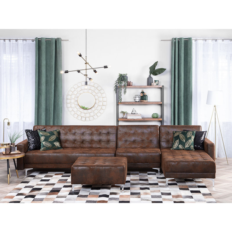 Finnegan 5 Seater Faux Leather Sofa Bed, Brown, Right Hand Facing