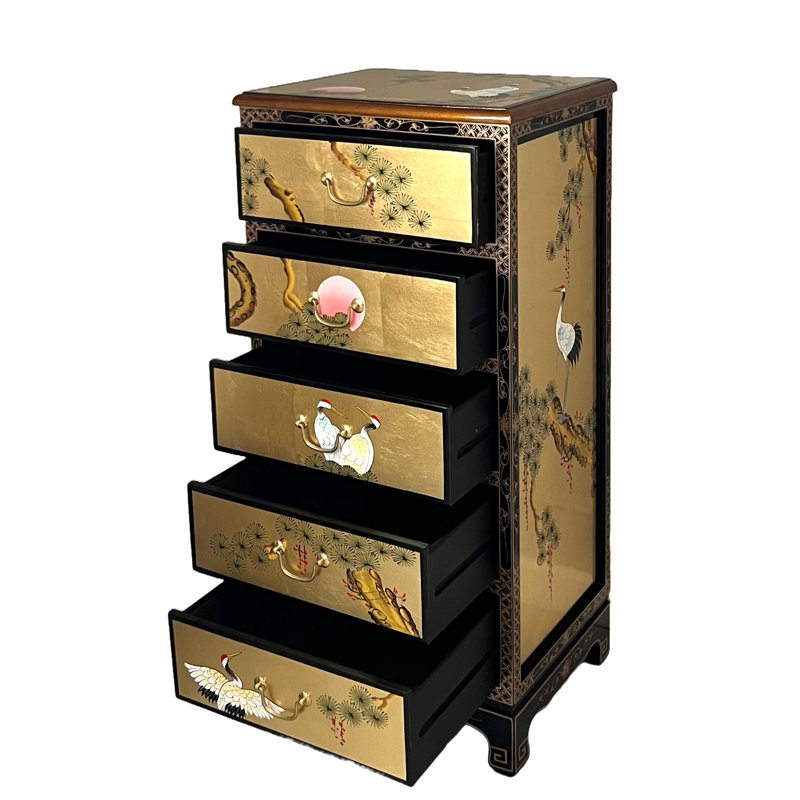 Weiner Tall Gold Leaf Chest Of Drawers With Hand Painted Cranes