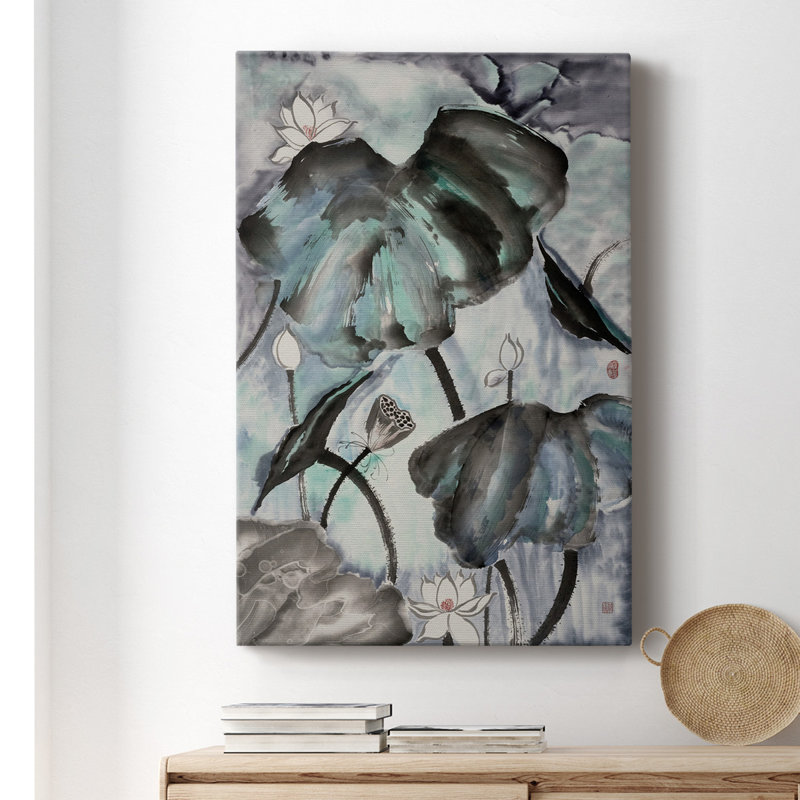 Étude de lotus avec bleu vert II - peinture sur toile tendue, H 36 po x l 24 po x P 1 po