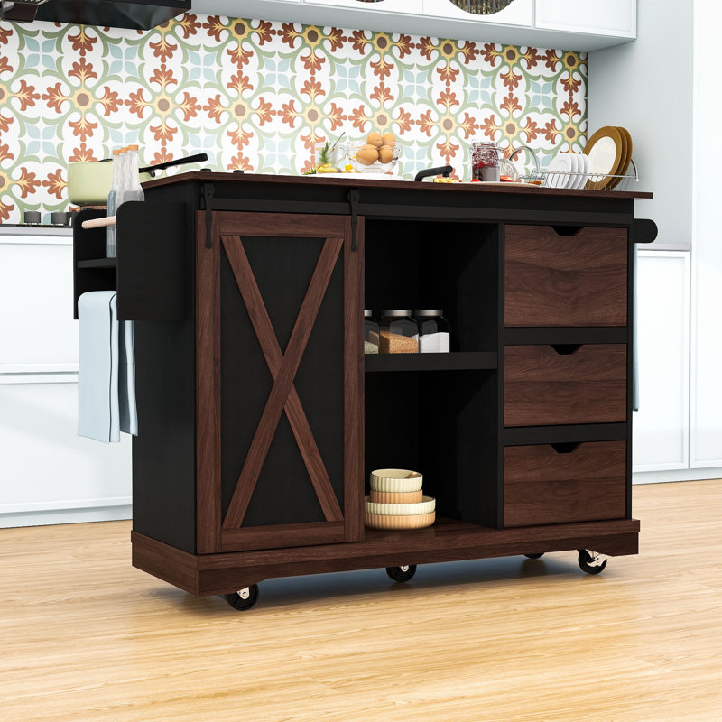 Rolling Kitchen Island with Drop Leaf, 3 Drawers, Sliding Barn Door and Adjustable Shelves, Black