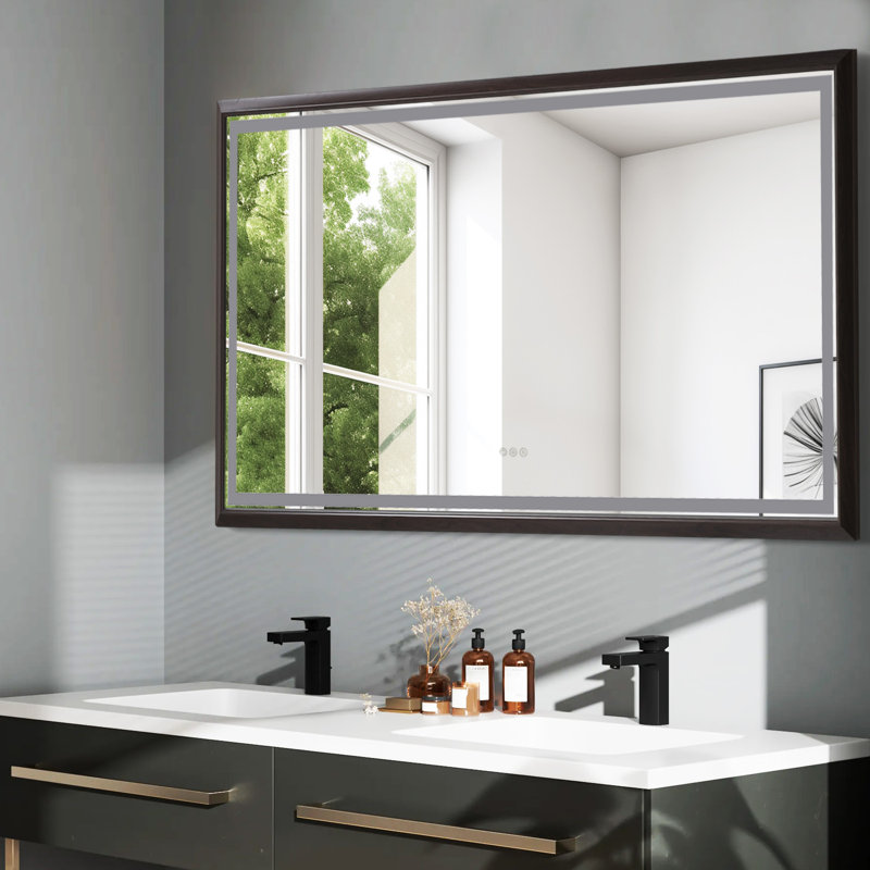 Miroir mural multifonctionnel en aluminium pour salle de bain, miroirs vatiny avec cadre en aluminium, couleur bois brun