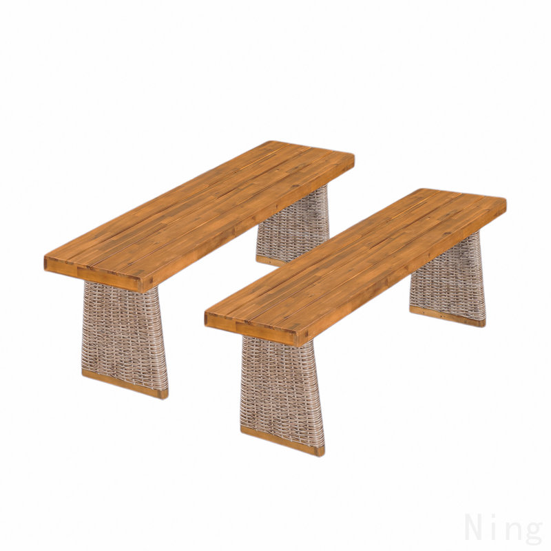 Outdoor Acacia Wood Bench(Set Of 2),Teak Finish+ Brown Wicker, Brown/Teak