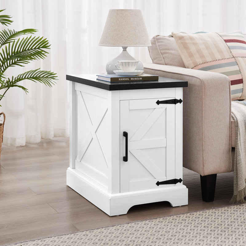 Table de bout Farmhouse Table de chevet rectangulaire avec porte de grange et tablette de rangement réglable, table d'appoint rustique pour salon, chambre à coucher