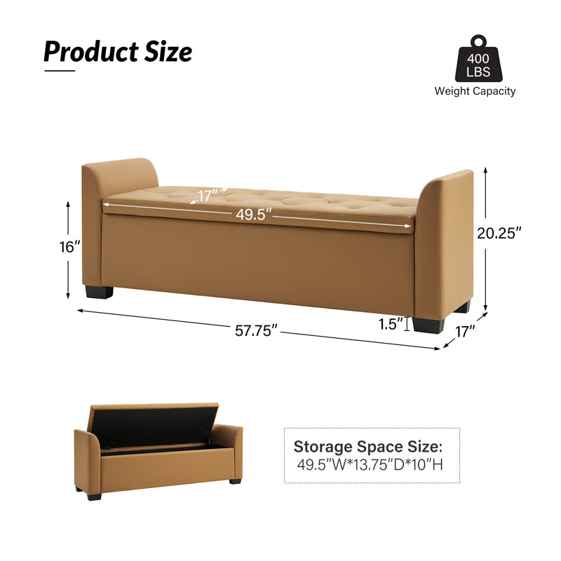 Banc de rangement capitonné avec accoudoirs évasés Stilla, Chameau