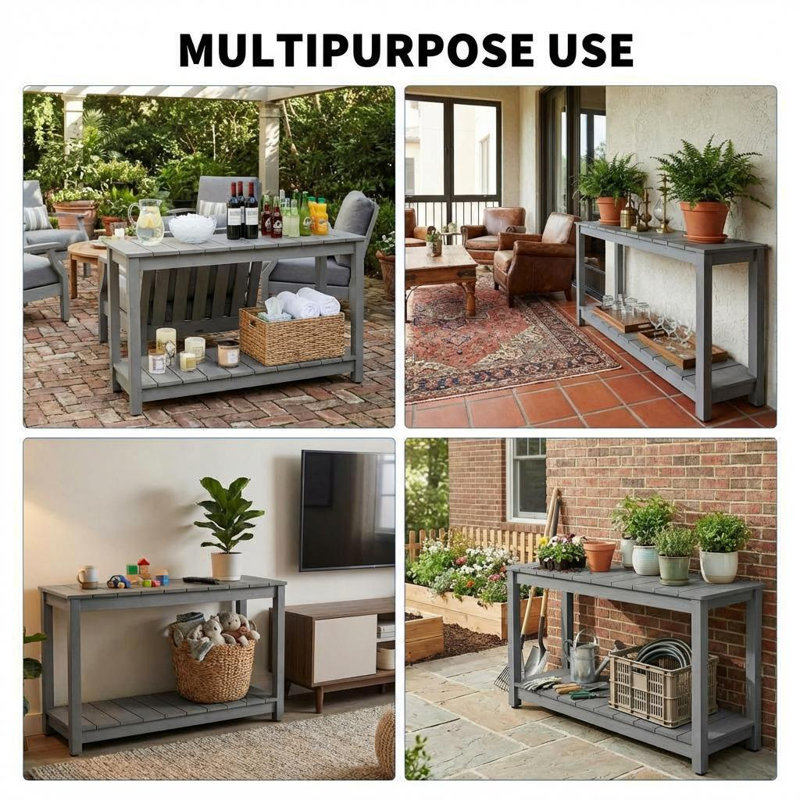 48" Outdoor Console Table with 2 Shelves, Weather-Resistant Patio Buffet and Entryway Table with Adjustable Feet, Gray