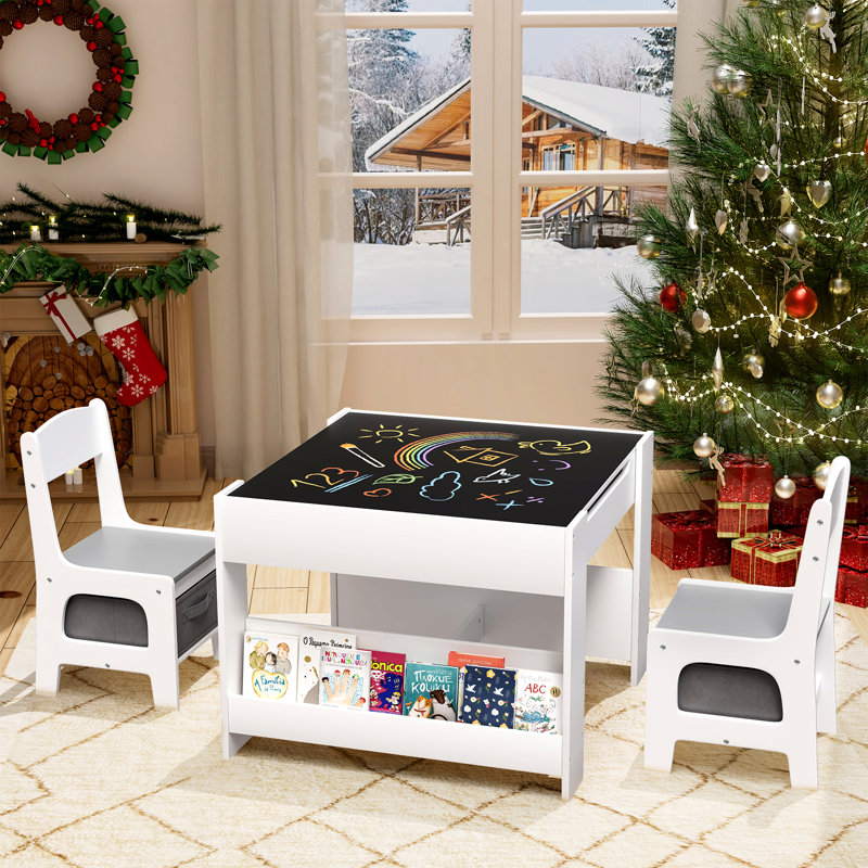 Kids Table And Chairs Set, 4 In 1 Toddler Art Desk With Storage Drawer, Wooden Activity Deskboard, Blackboard, Reversible & Detachable Tabletop, Bookshelf For Drawing, Playing, Learning(gray)