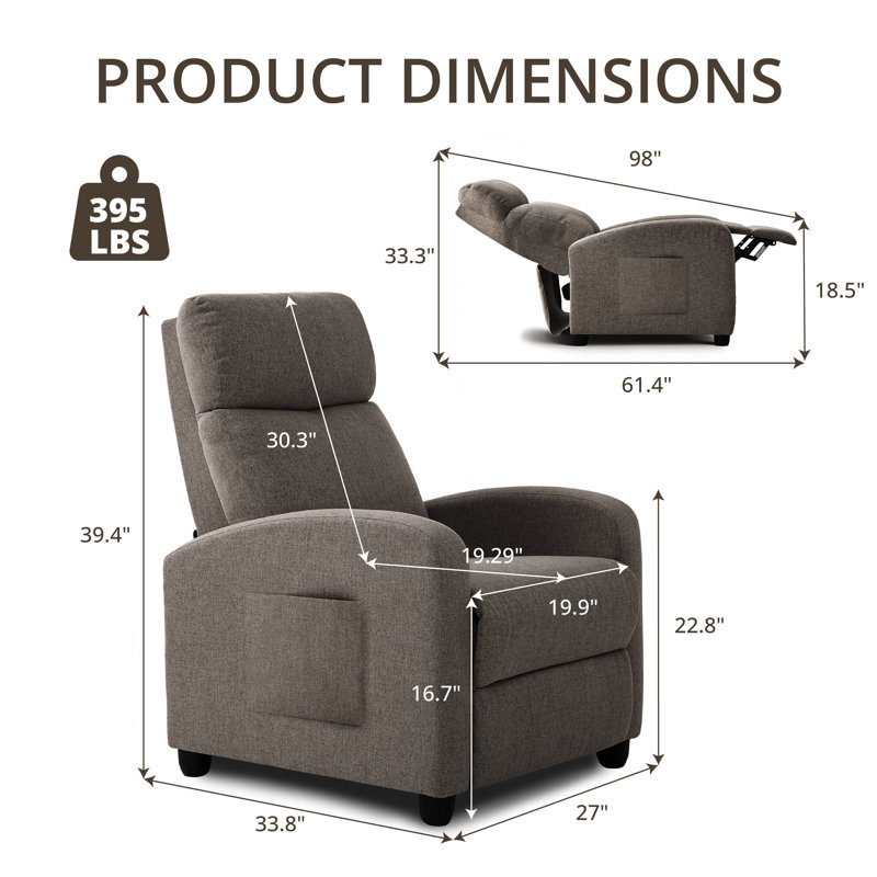 Fauteuil inclinable manuel de 27 po de large avec dossier et dossier (ensemble de 2), Mélange de lin gris