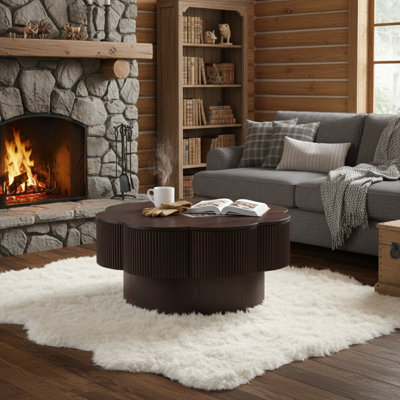 Table basse moderne en forme de fleur de prunier (80 cm) avec rangement – ​​Placage en bois naturel, idéale pour le salon, l'appartement ou le bureau. Montage facile. Couleur : noir.