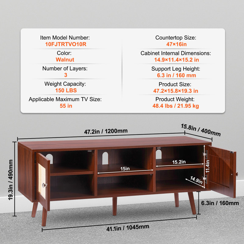 Daileny Rattan TV Stand, Boho TV Cabinet for 55 inch TV, Brown Wood