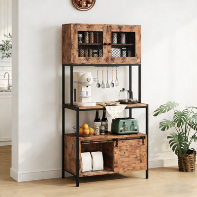 Industrial Bakers Rack with Charging Station, 5-Tier Storage Shelf, Utility Shelf with 2 Cabinets, Freestanding Microwave Stand for Kitchen, Apartment, Dining Room, Living Room - Vintage Brown