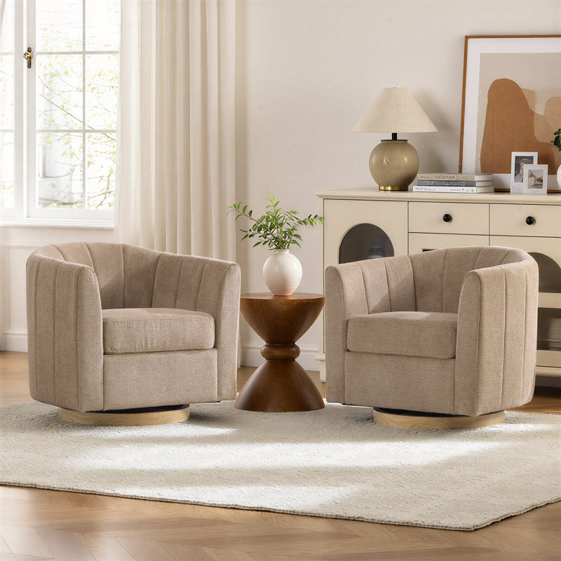 Fauteuil d'appoint pivotant l 31 po avec dossier capitonné, rangement et base en bois, Taupe