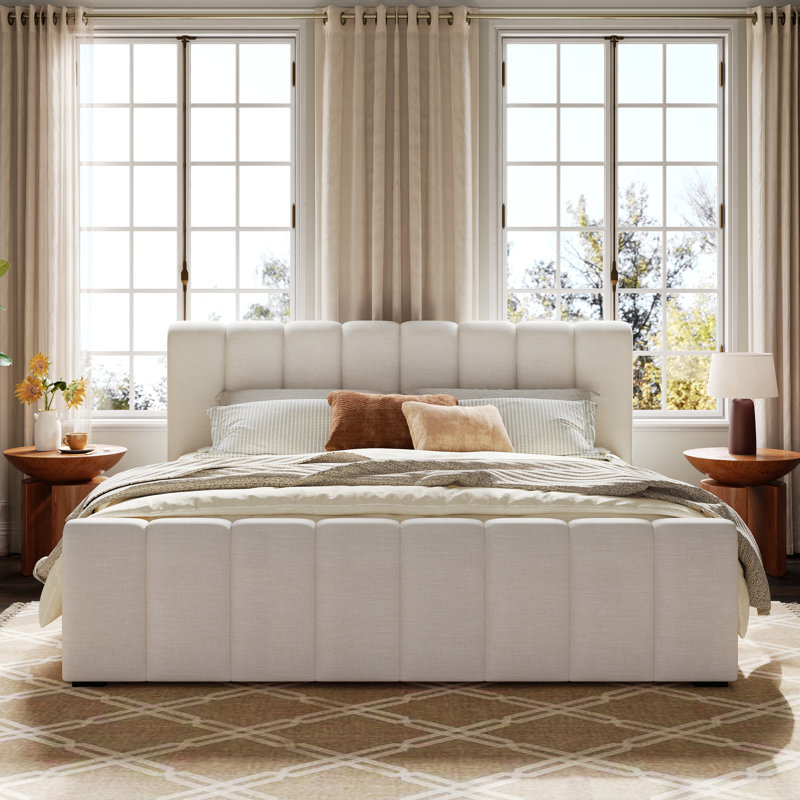 Sahara Upholstered Linen Bed Frame with Thick Headboard &  Solid Wood Legs, King