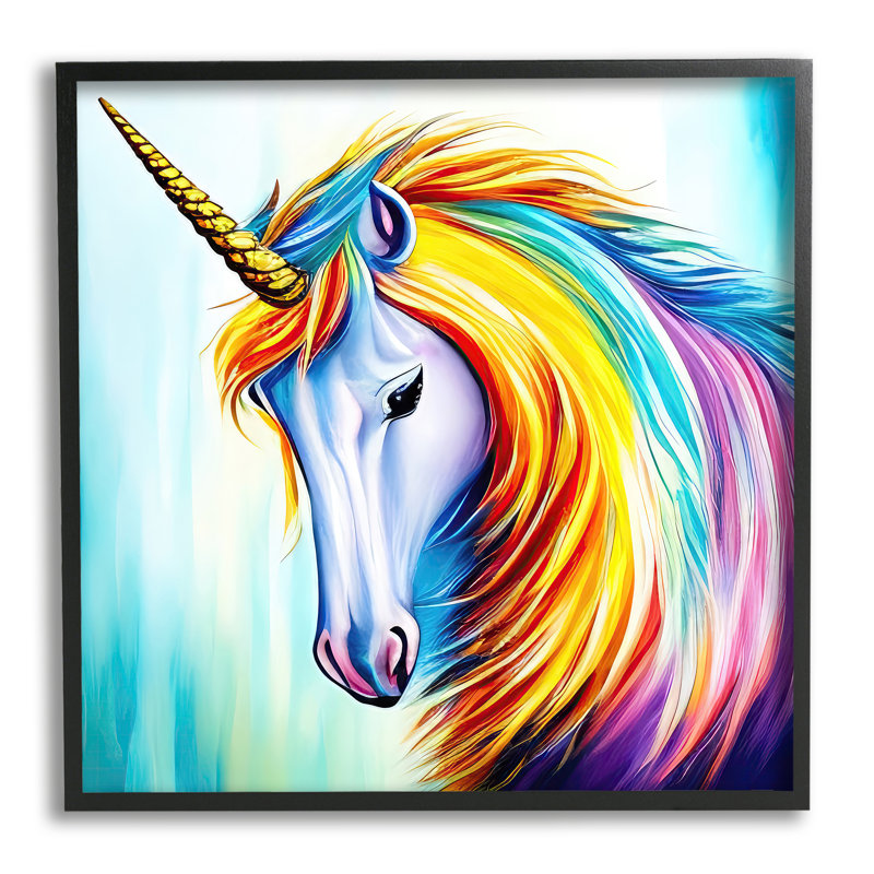 «Rainbow Unicorn Fantasy Portrait» par Denise Dundon - impression, H 17 po x l 17 po x P 1,5 po, Giclée encadrée noir minuit