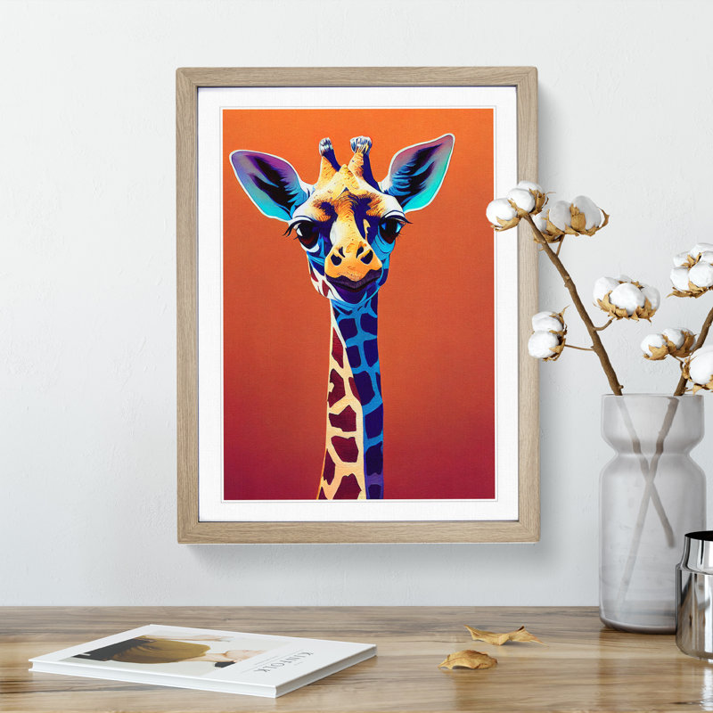 Colourful Giraffe No.1 - Single Picture Frame Painting, 34cm H x 25cm W x 2cm D, Oak