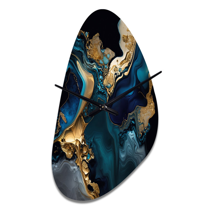 Horloge murale abstraite géométrique en marbre bleu IV - forme unique en métal, horloge murale asymétrique moderne, Moyenne
