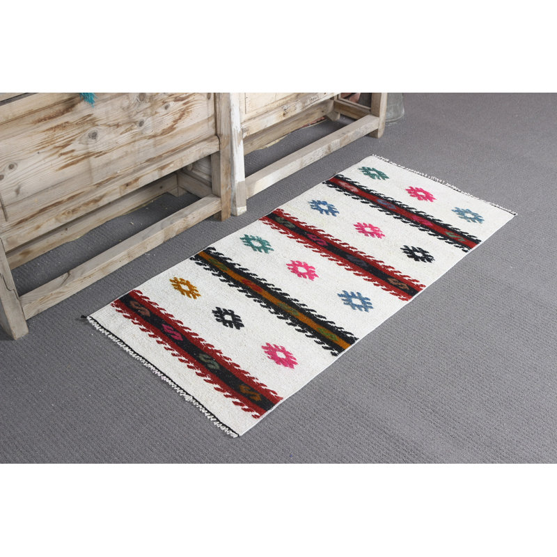 Handwoven Turkish Kilim Rug in White for an Elegant Touch in Small Spaces Featuring Vintage Anatolian Patterns