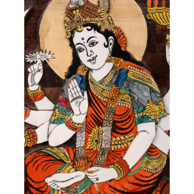 Large Hand-Carved Ashtabhuja Durga 3D Wood Inlay Wall Art, 36-Inch for Spiritual Home Decor