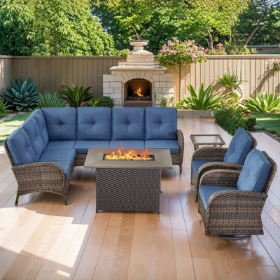 Gaetanino 8 - Person Outdoor Wicker Patio Sectional Seating Group With Cushions & 50,000 BTU Fire Pit by Red Barrel Studio