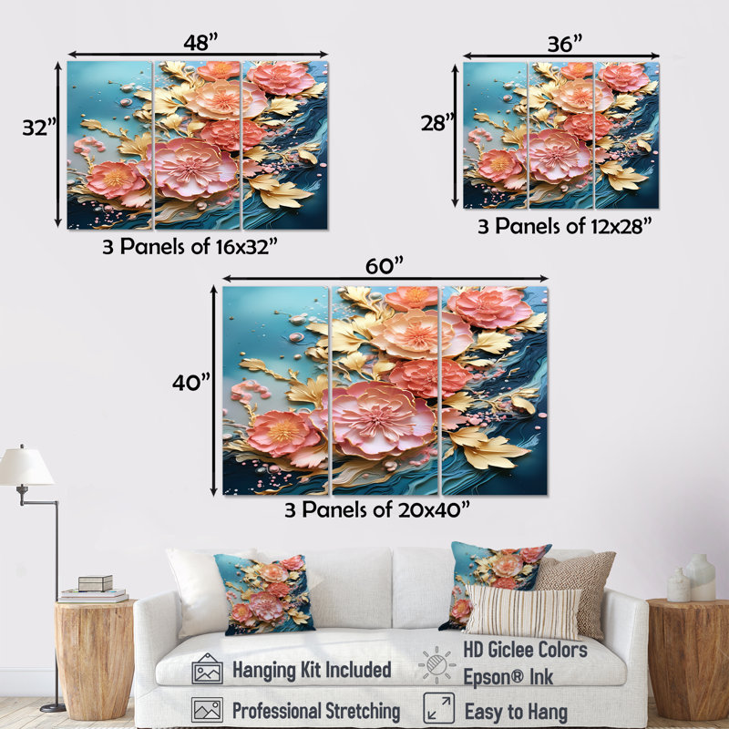 «Blooming Pink Gold Flowers Wave», ensemble de décorations murales florales modernes, Toile tendue