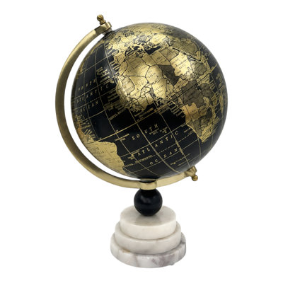 Globe terrestre contemporain en marbre avec carte du monde pour la décoration intérieure - 33 cm, noir et or
