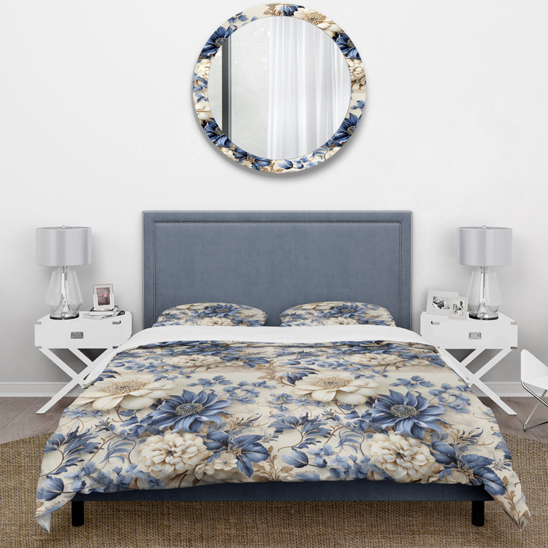 Victorian Blue And White Flowers Damask II - Ensemble de housse de couette damassé