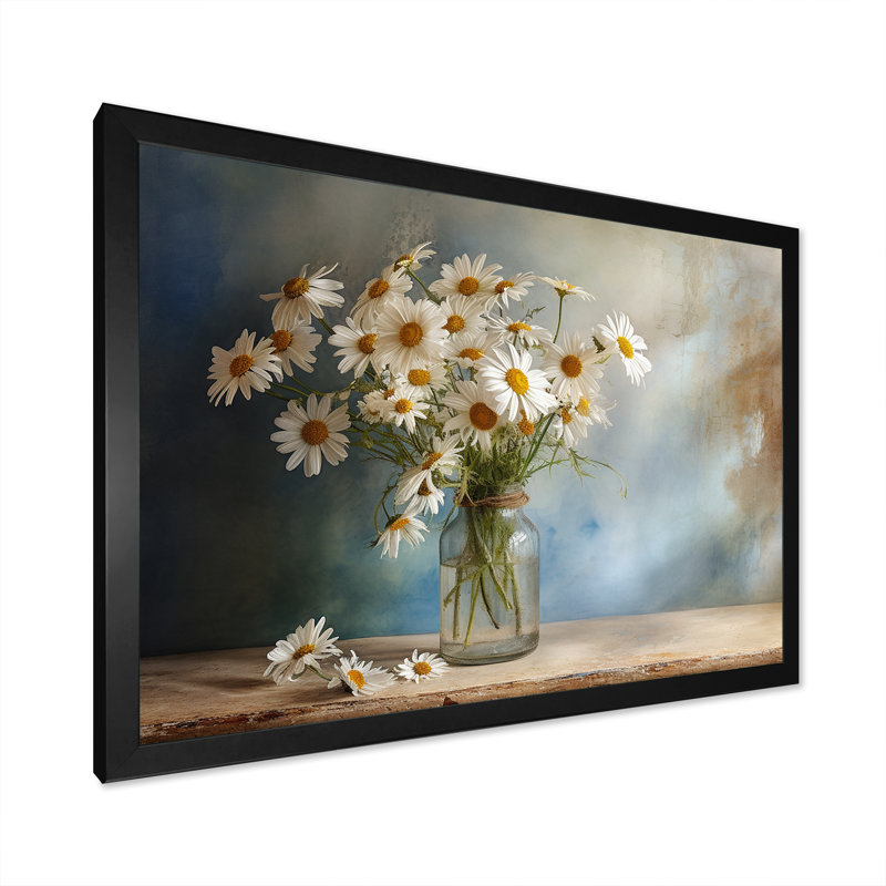 Bouquet de marguerites blanches - sérénité II, Cadre simple noir, L 20 po x H 12 po x P 1 po