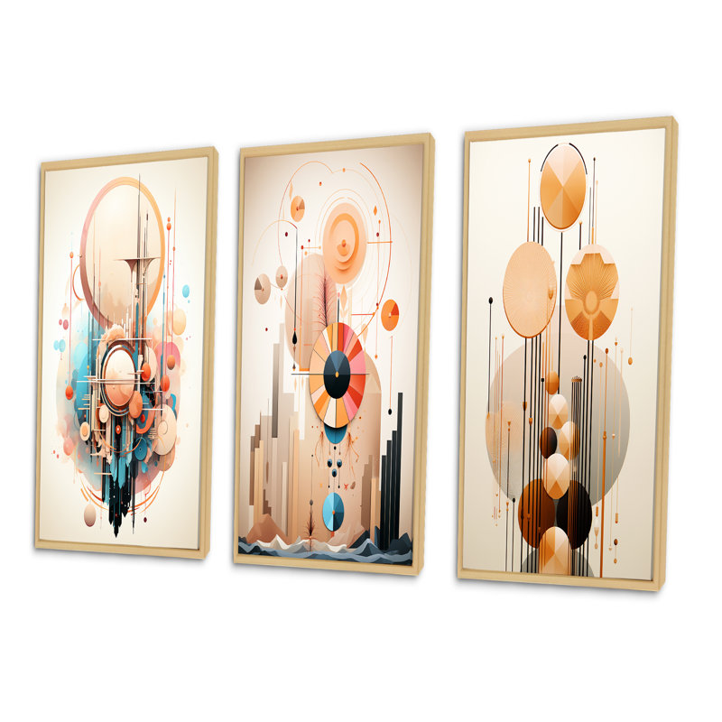«Glorious Elegance Nouveau Abstract Geometric II», 3 pièces sur toile, H 20 po x l 36 po, Cadre naturel flottant