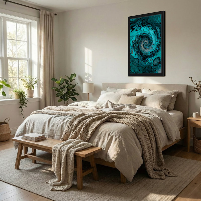 Motif abstrait abstrait tourbillonnant bleu sarcelle et noir, H 18 po x l 12 po