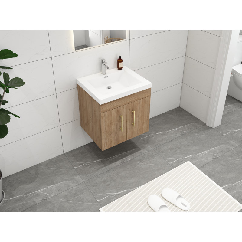 Ensemble de meuble-lavabo simple mural 24 po Carliss, Naturel / chêne, Or