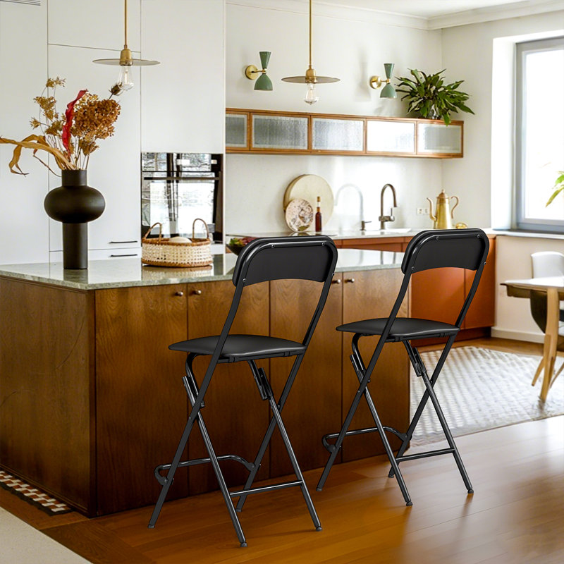 Tabouret de bar pliant rembourré en vinyle 38 po avec repose-pieds, hauteur de siège 24 po, Noir, Noir